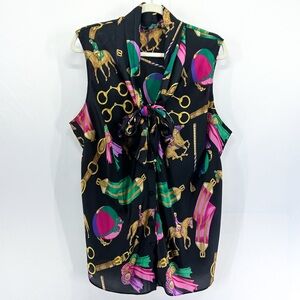 Vintage Ralph Lauren Black Satin Equestrian Horse Sleeveless Blouse Size 20W